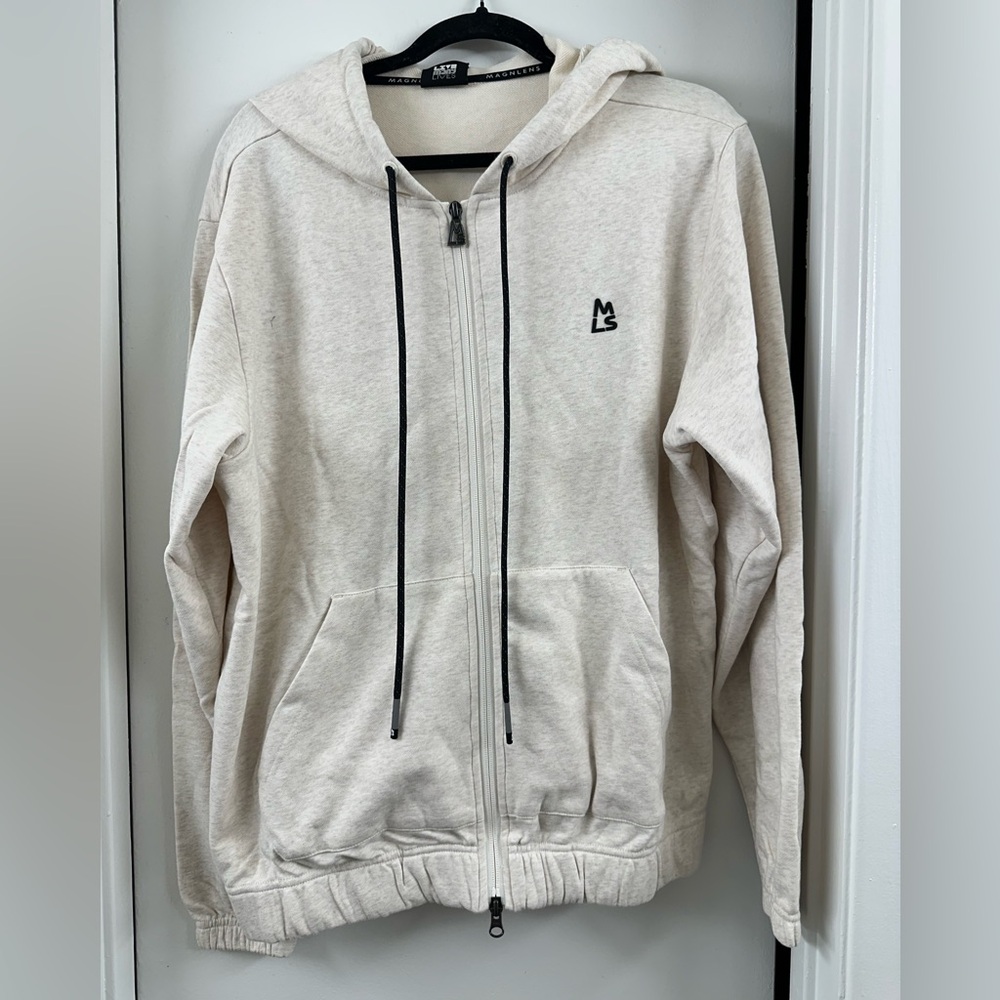NWT $95 MAGNLENS Zip Up Hooded Hoodie Sweater Shirt Jacket S or M Heather Grey